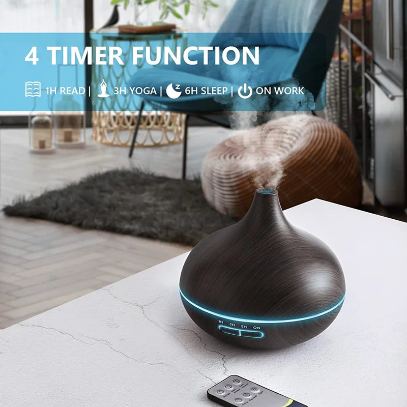 Air Humidifier with Remote, 7-Color LED Aroma Diffuser, 550ml Wood USB