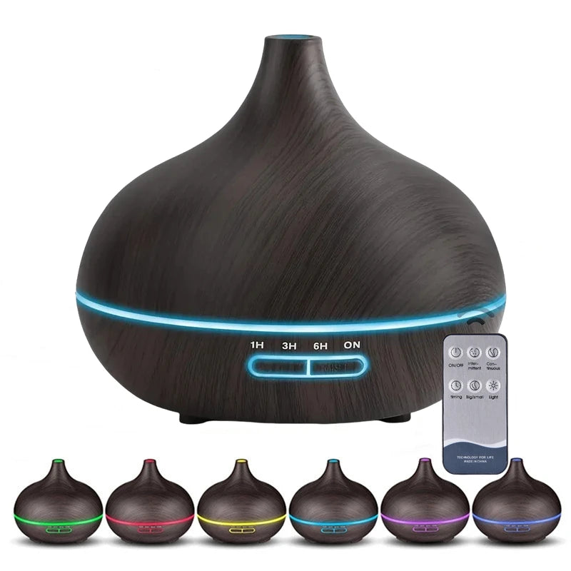 Air Humidifier with Remote, 7-Color LED Aroma Diffuser, 550ml Wood USB