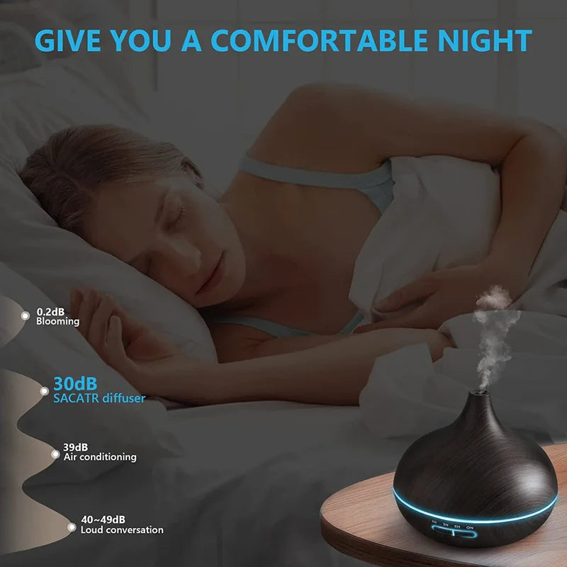 Air Humidifier with Remote, 7-Color LED Aroma Diffuser, 550ml Wood USB