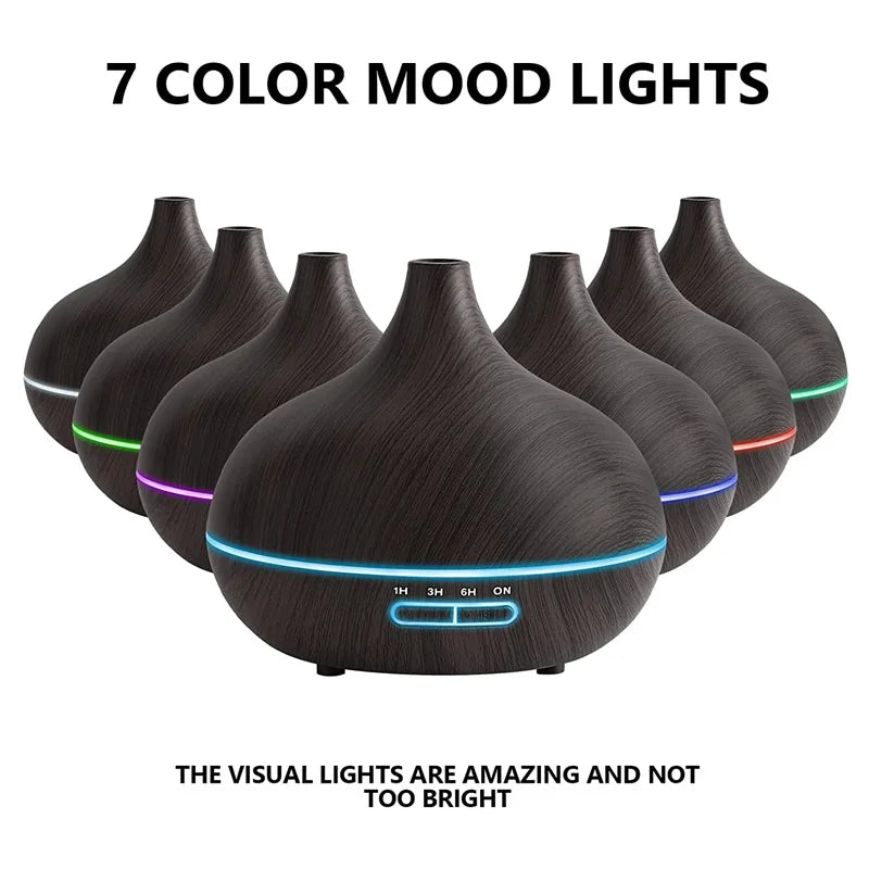 Air Humidifier with Remote, 7-Color LED Aroma Diffuser, 550ml Wood USB