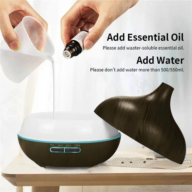 Air Humidifier with Remote, 7-Color LED Aroma Diffuser, 550ml Wood USB