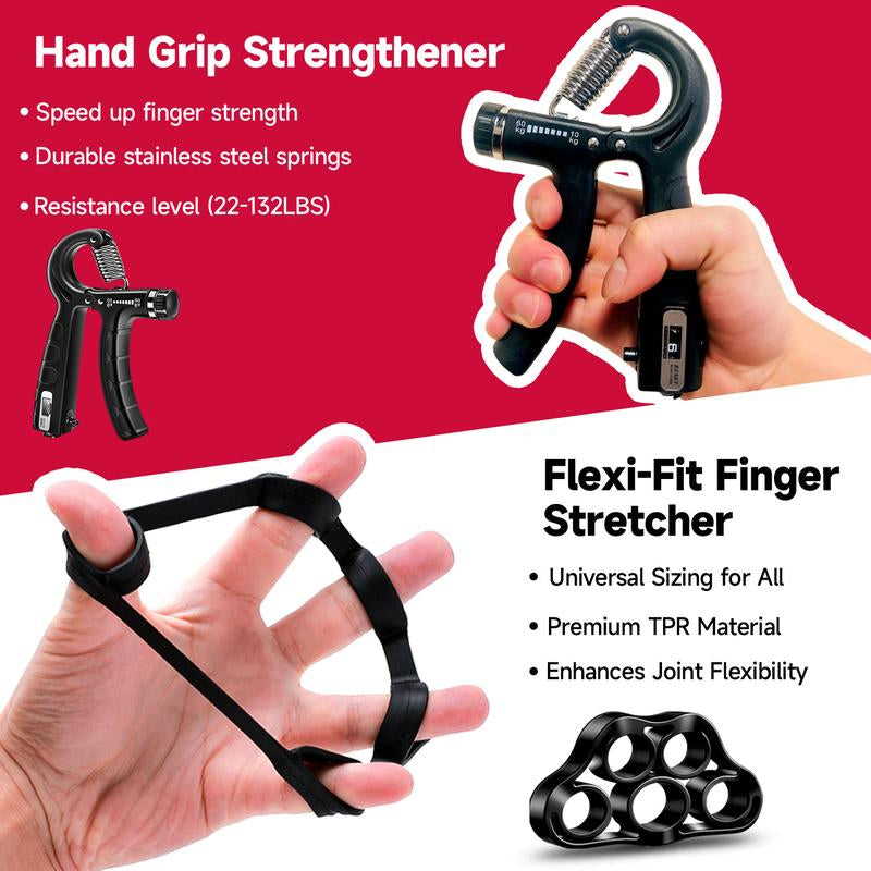 Fitbeast Counting Hand Grip Strengthener Workout Kit (5 Pack), 2 Forearm Grip Adjustable Resistance Hand Gripper, Finger Stretcher, Grip Ring & Stress Relief Grip Ball for Athletes #Outdoorfun