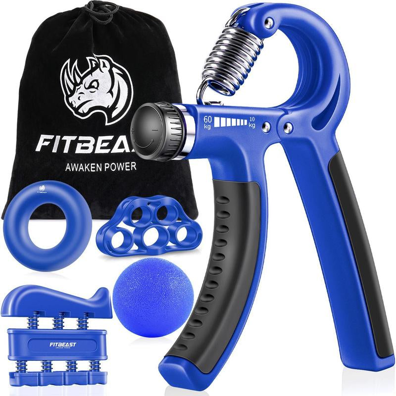 Fitbeast Counting Hand Grip Strengthener Workout Kit (5 Pack), 2 Forearm Grip Adjustable Resistance Hand Gripper, Finger Stretcher, Grip Ring & Stress Relief Grip Ball for Athletes #Outdoorfun