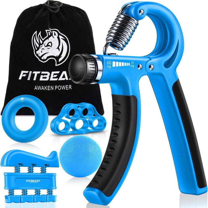 Fitbeast Counting Hand Grip Strengthener Workout Kit (5 Pack), 2 Forearm Grip Adjustable Resistance Hand Gripper, Finger Stretcher, Grip Ring & Stress Relief Grip Ball for Athletes #Outdoorfun
