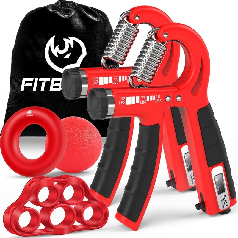 Fitbeast Counting Hand Grip Strengthener Workout Kit (5 Pack), 2 Forearm Grip Adjustable Resistance Hand Gripper, Finger Stretcher, Grip Ring & Stress Relief Grip Ball for Athletes #Outdoorfun