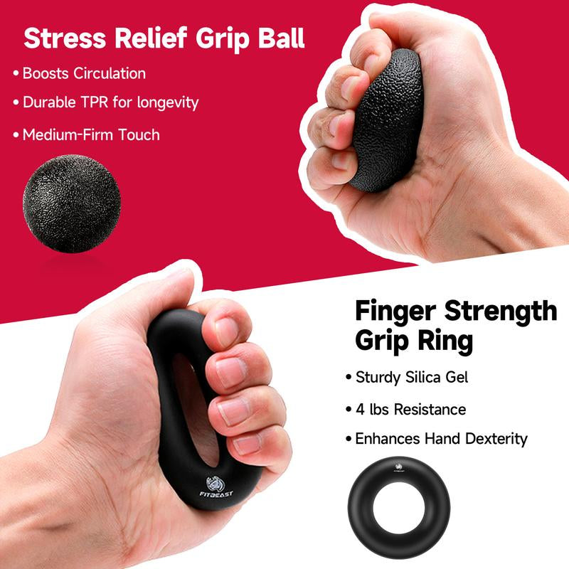 Fitbeast Counting Hand Grip Strengthener Workout Kit (5 Pack), 2 Forearm Grip Adjustable Resistance Hand Gripper, Finger Stretcher, Grip Ring & Stress Relief Grip Ball for Athletes #Outdoorfun