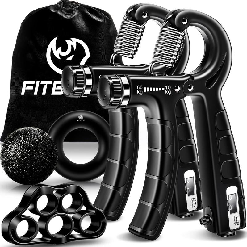 Fitbeast Counting Hand Grip Strengthener Workout Kit (5 Pack), 2 Forearm Grip Adjustable Resistance Hand Gripper, Finger Stretcher, Grip Ring & Stress Relief Grip Ball for Athletes #Outdoorfun