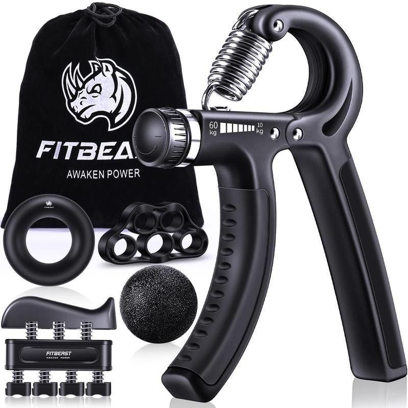 Fitbeast Counting Hand Grip Strengthener Workout Kit (5 Pack), 2 Forearm Grip Adjustable Resistance Hand Gripper, Finger Stretcher, Grip Ring & Stress Relief Grip Ball for Athletes #Outdoorfun