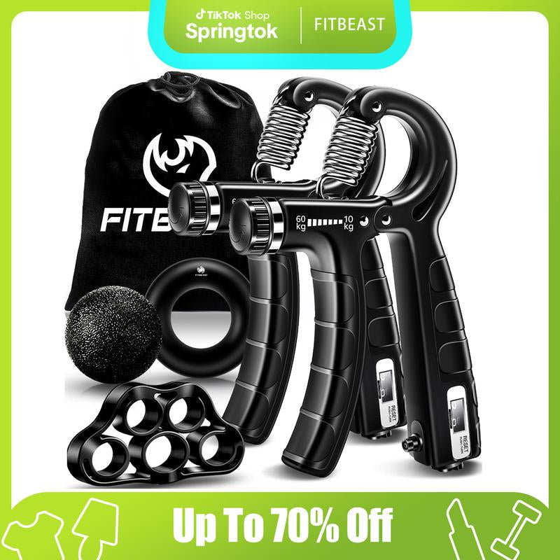 Fitbeast Counting Hand Grip Strengthener Workout Kit (5 Pack), 2 Forearm Grip Adjustable Resistance Hand Gripper, Finger Stretcher, Grip Ring & Stress Relief Grip Ball for Athletes #Outdoorfun